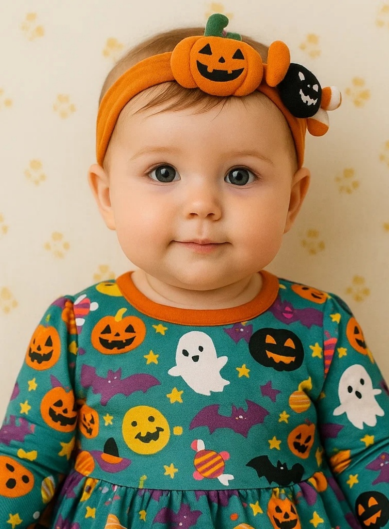 Bentiță de Halloween pentru Bebeluși - Dovleac Zâmbitor, Fantomă și Bomboane Haioase