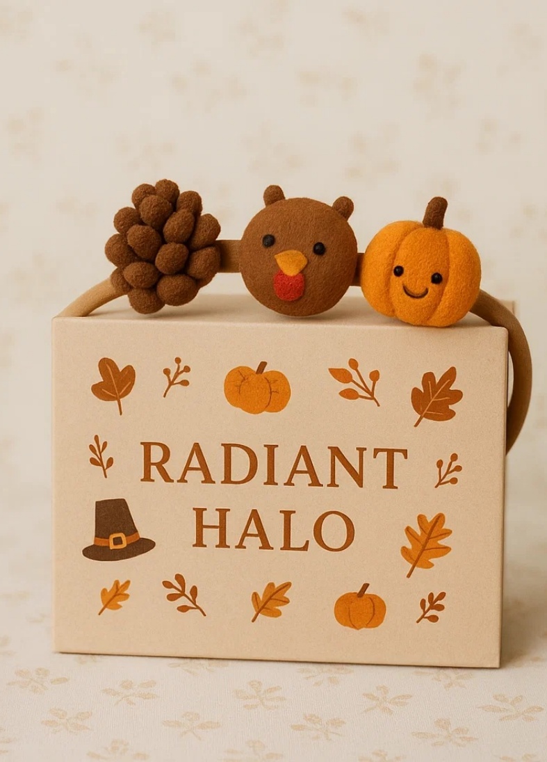 Radiant Halo ぬいぐるみ風秋のヘッドバンド – 赤ちゃん用七面鳥と松ぼっくりアクセサリー