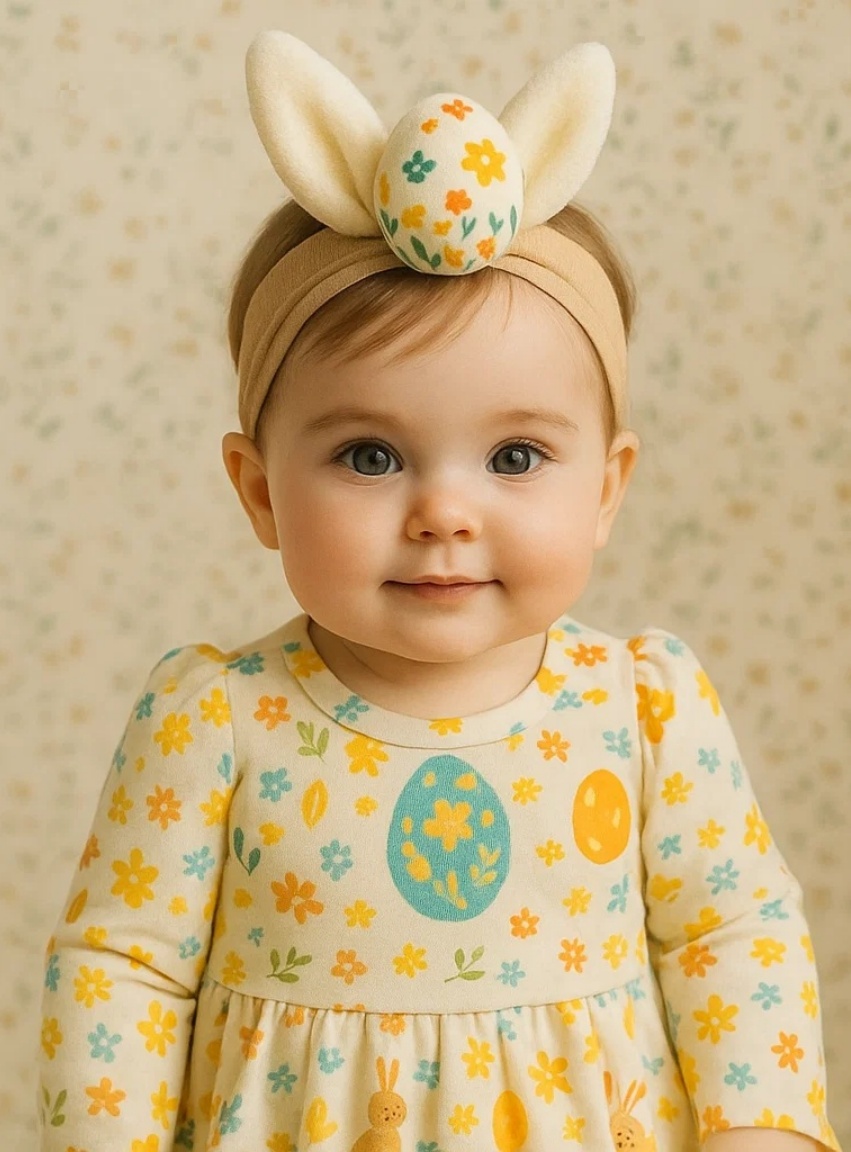 Faixa de Cabelo Bebê Coelho com Ovo de Páscoa Floral - Look Primaveril