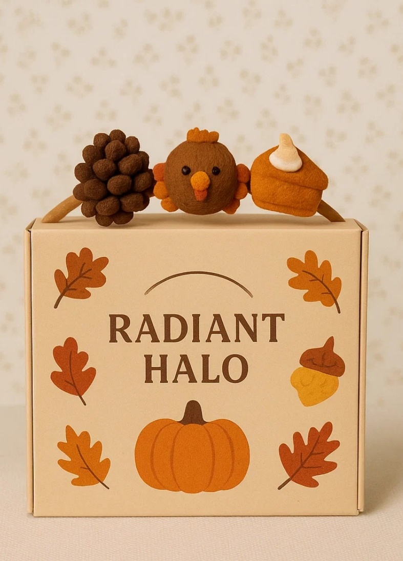 Bandeau bébé en peluche dinde avec citrouille et pomme de pin – Accessoire photo d'automne adorable