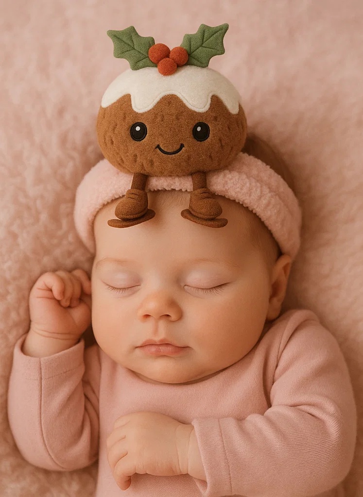 Christmas Pudding Plush Baby Headband with Ice Skates | Winter Holiday Soft Fleece Infant Hairband