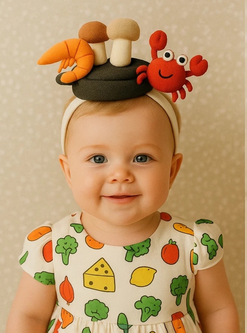 Creative Chef Baby Headband with Shrimp, Crab, and Mushrooms in a Cooking Pot