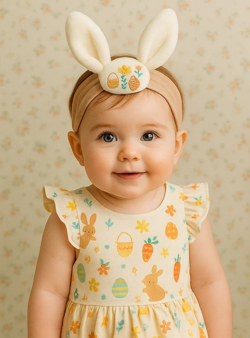 Bentiță pentru bebeluși cu urechi de iepuraș și ou floral de Paște – Look primăvăratic adorabil
