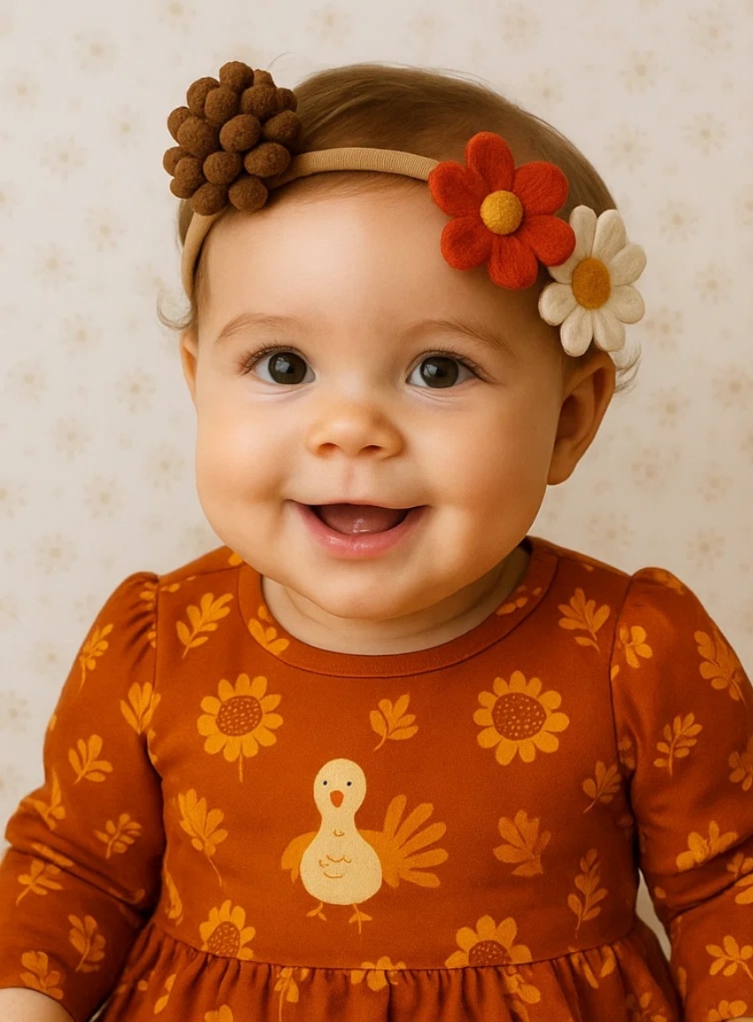 Bentiță de Toamnă pentru Bebeluși cu Curcan de Pluș și Flori – Accesoriu Fotografic Drăgălaș pentru Ziua Recunoștinței
