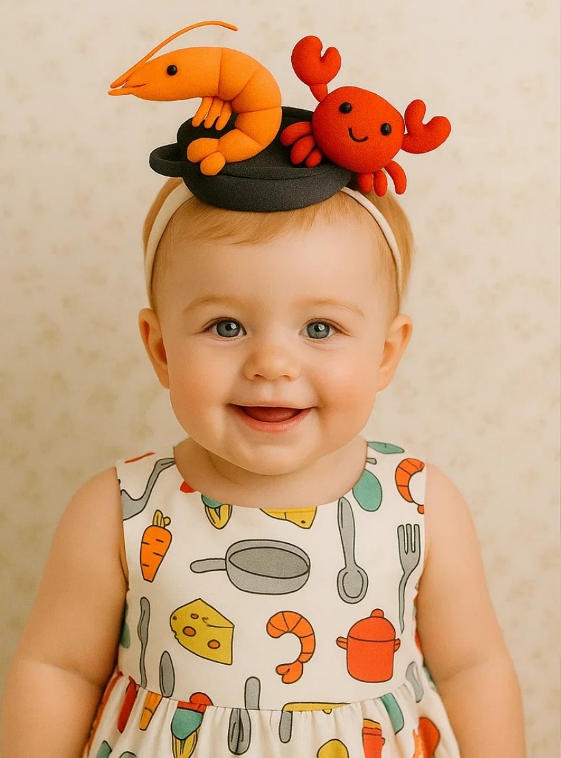 Shrimp and Crab Baby Headband in a Cooking Pot – Perfect Accessory for Little Chefs!