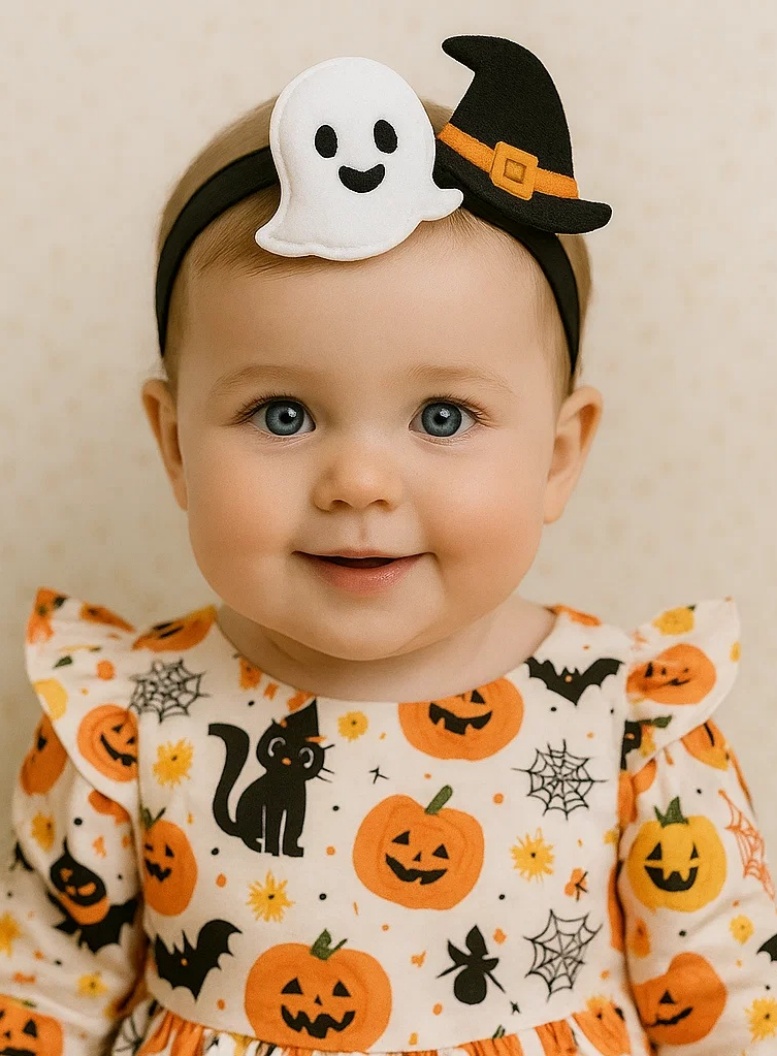 Adorable Baby Halloween Headband – Ghost and Witch Hat Design for Festive Photoshoots