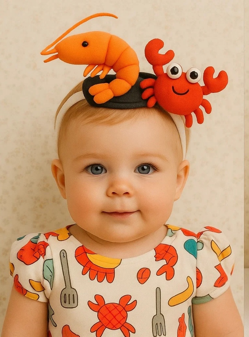 Playful Chef Baby Headband with Shrimp, Crab, and a Cooking Pot – Perfect for Little Foodies!