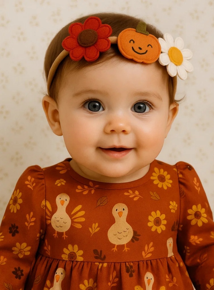 Grateful & Blessed Baby Headband with Pinecone, Corn & Felt Flower – Autumn Elastic Hairband