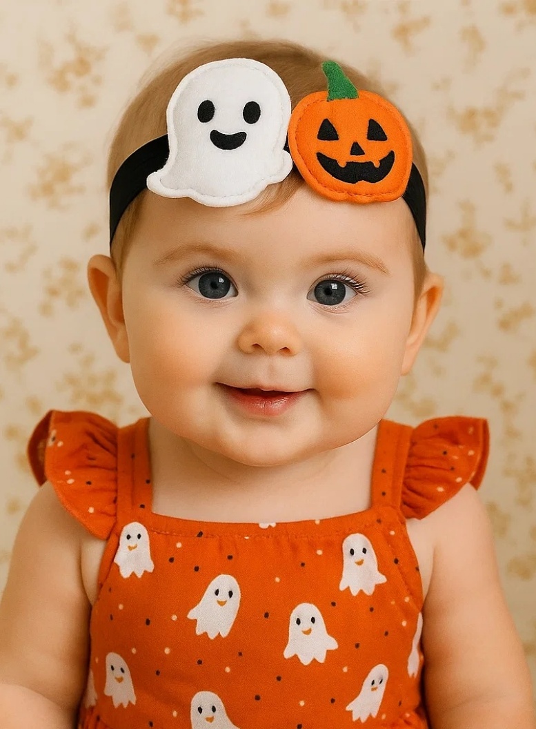 Baby Halloween Pumpkin & Ghost Headband – Soft Elastic Hair Accessory for Girls
