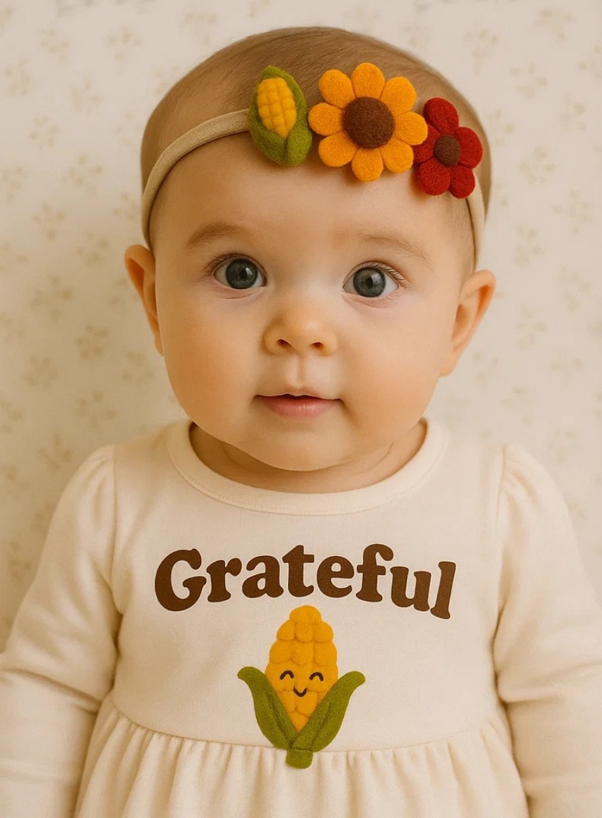 Grateful Harvest Pumpkin Baby Headband with Sunflower & Daisy – Fall-Themed Elastic Headwear