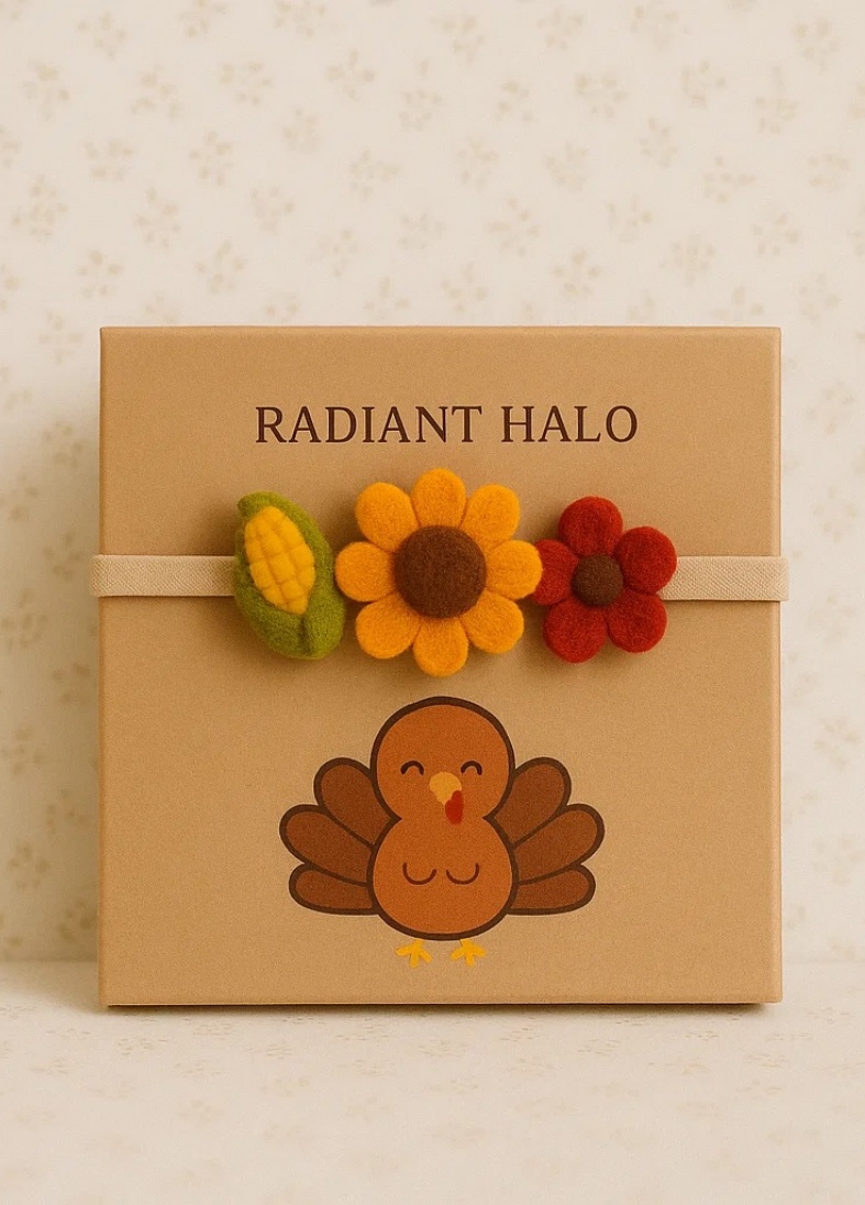 Grateful Harvest Pumpkin Baby Headband with Sunflower & Daisy – Fall-Themed Elastic Headwear