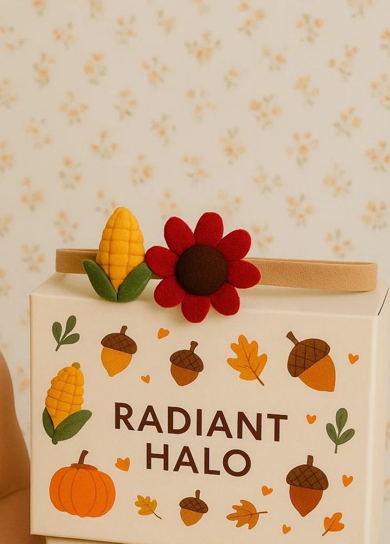 Handmade Felt Baby Headband with Corn, Sunflower & Pinecone – Fall Harvest Photography Accessory