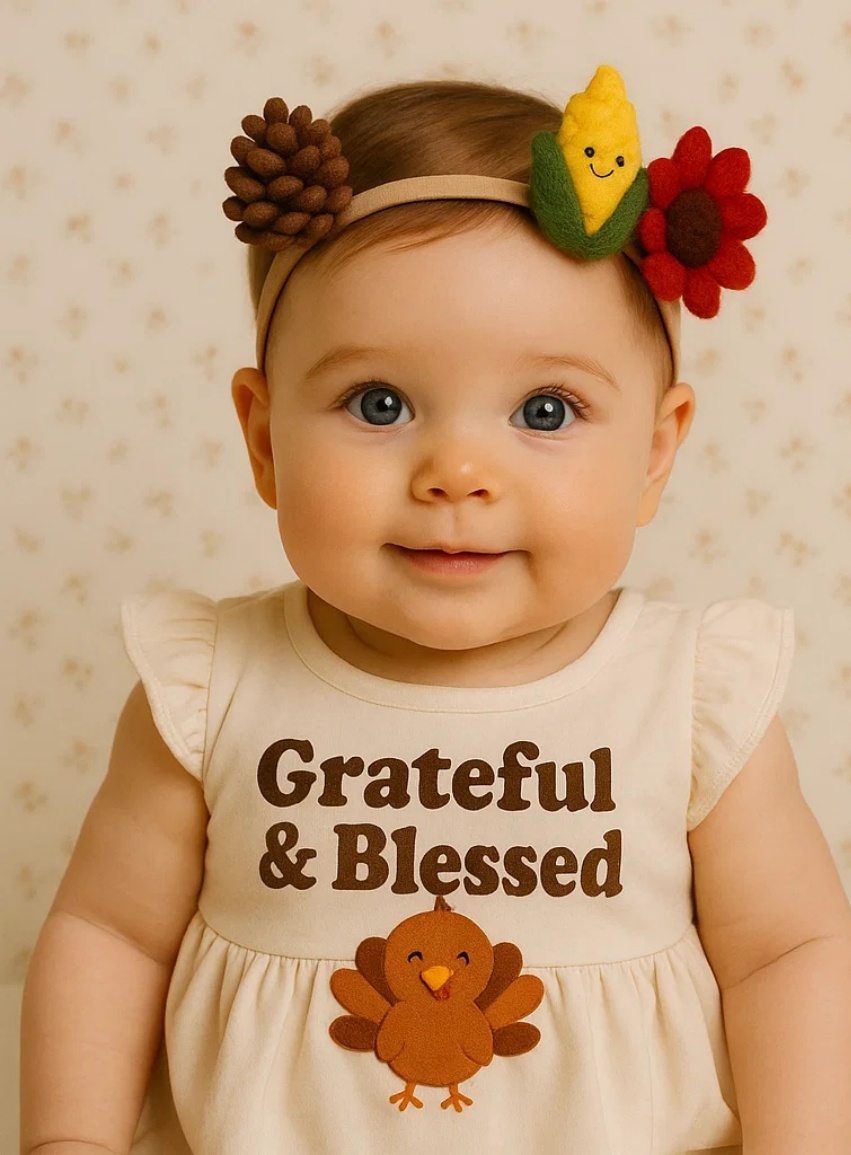 Rustic Autumn Baby Headband with Corn & Felt Flower – Thanksgiving Photography Prop