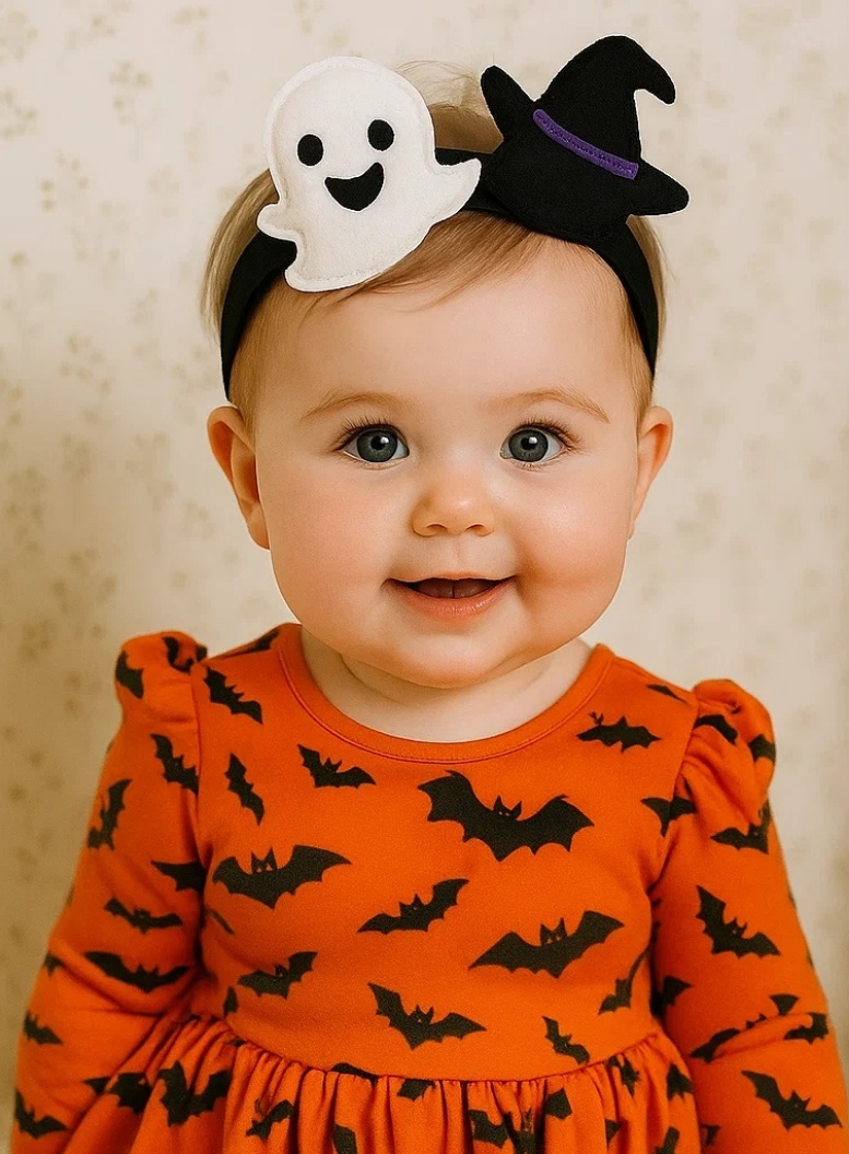 Diadema de Halloween para Bebé – Fantasma con Sombrero de Bruja, Suave y Elástica