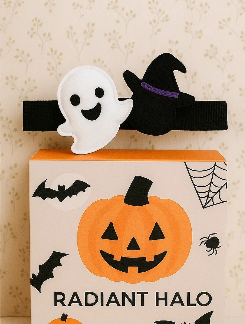 Diadema de Halloween para Bebé – Fantasma con Sombrero de Bruja, Suave y Elástica