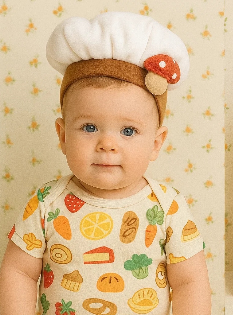 Adorable Diadema de Chef para Bebés con Pizza, Huevo y Fresas – ¡Un Regalo Delicioso para Tu Pequeño Chef!