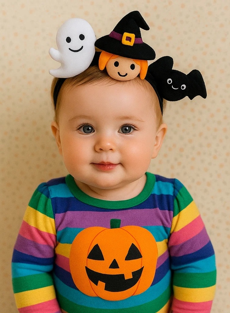 Bandeau de Halloween pour Bébé – Fantôme et Chapeau de Sorcière, Doux et Confortable