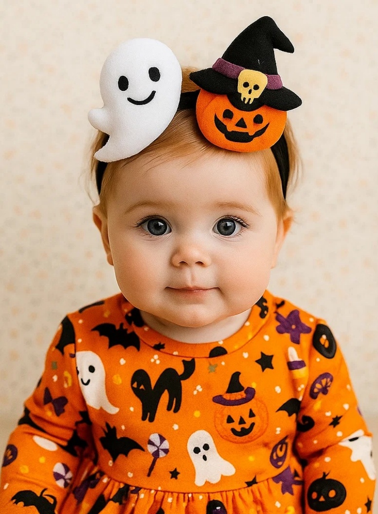Halloween Baby Headband with Ghost & Pumpkin – Soft and Stretchy Festive Accessory