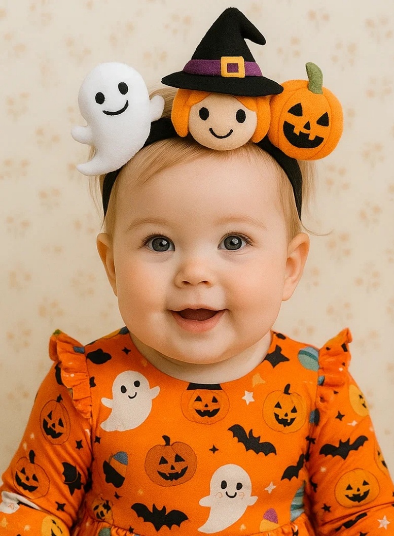 Adorable Baby Headband with Witch Riding Broom and Ghost – Halloween Dress-up Hairband