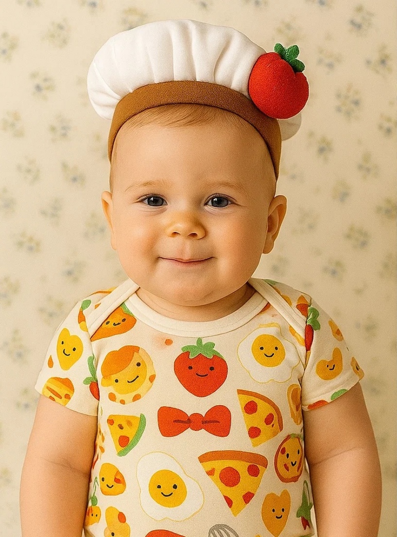 Creative Chef Baby Headband with Pizza, Egg, and Strawberry Designs—A Tasty Delight for Your Little Chef!