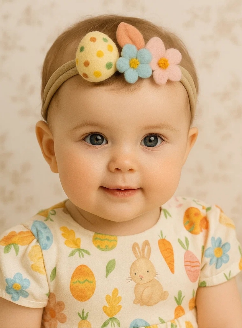 Polka Dot Easter Egg & Felt Flower Baby Headband – Cheerful Spring Accessory