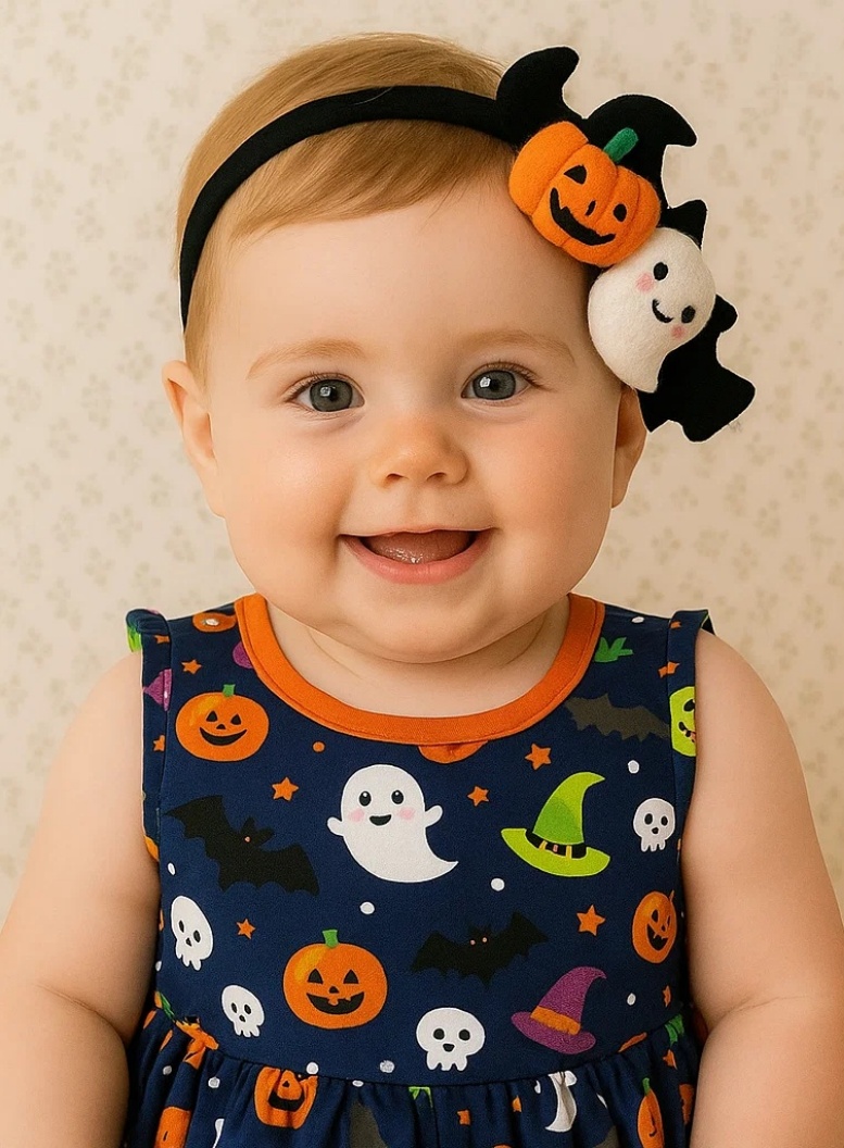 Baby Halloween Headband with Skull, Star & Pumpkin – Festive Soft Hair Accessory