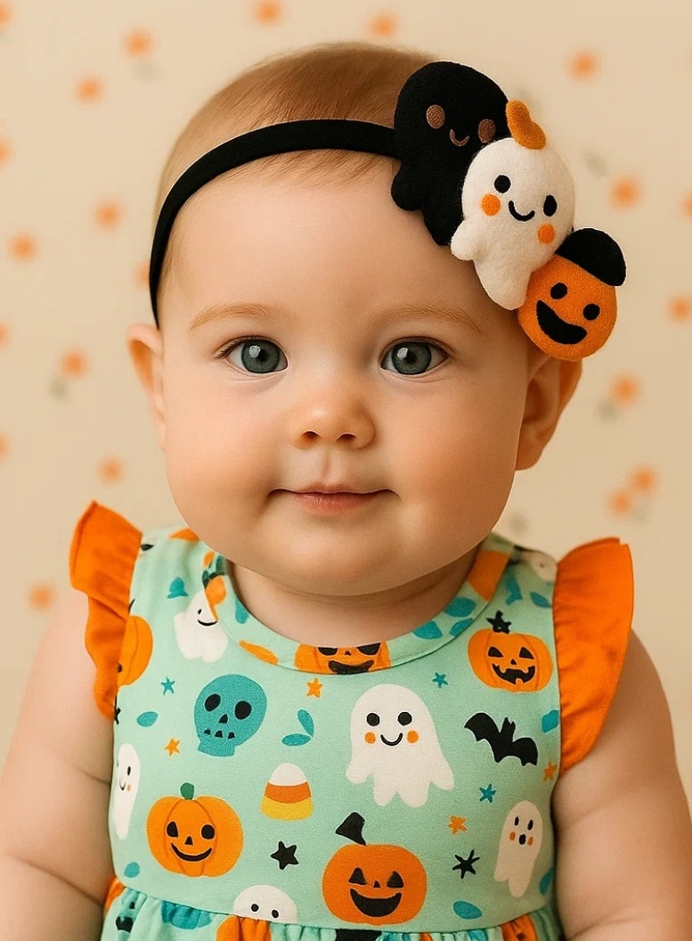 Halloween Baby Headband with Witch Doll – Soft Plush and Elastic Hairband for Newborns