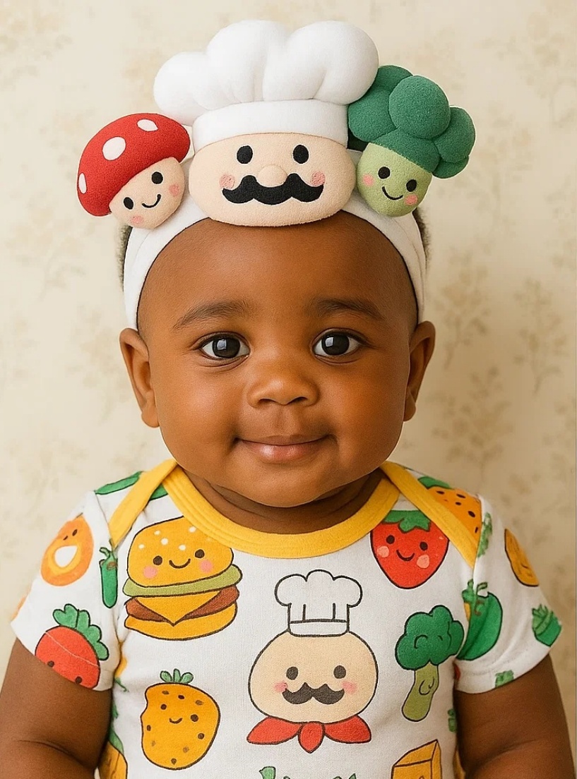 Cute Baby Headband with a Chef Hat and Vegetables—A Whimsical Design for Little Ones!
