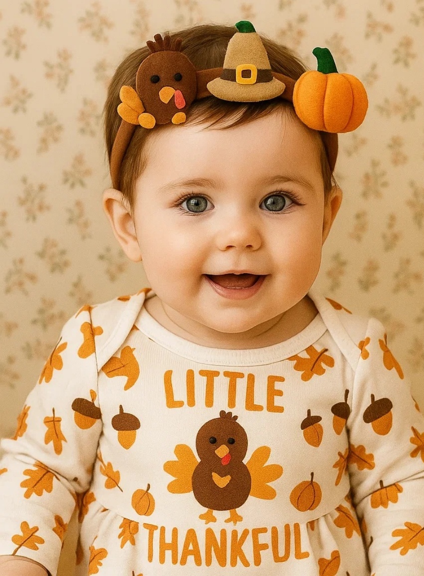 Diadema de bebé con pavo de peluche, calabaza y piña – Accesorio de fotos de otoño adorable