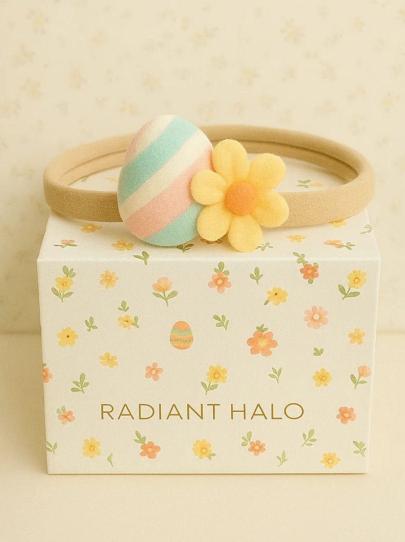 Diadema Bebé con Huevo de Pascua y Flor en Tonos Pastel – Estilo Primavera Festivo