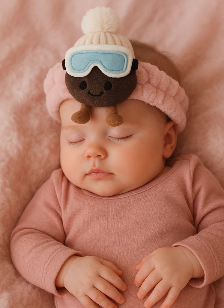Plush Baby Headband with White Pom-Pom Hat and Blue Goggles | Cozy Winter Baby Accessory