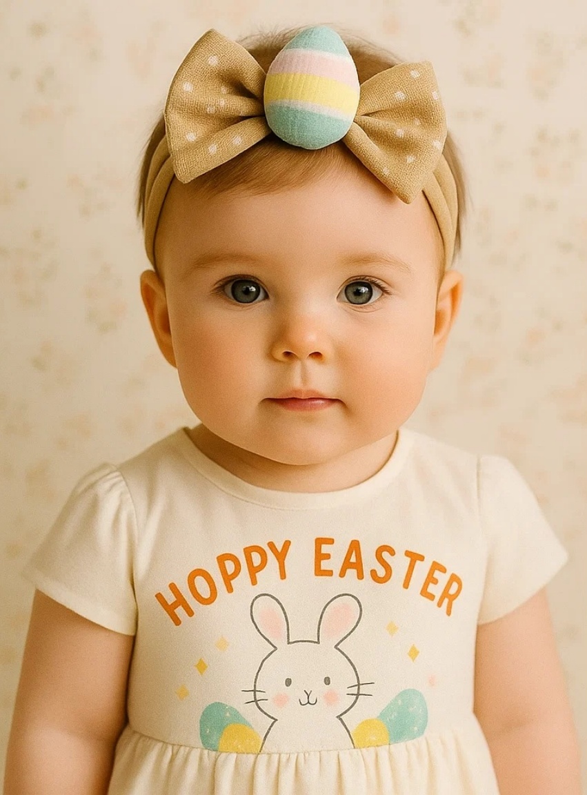 Tiara de Páscoa para Bebê com Ovo Listrado e Laço – Estilo Alegre de Primavera