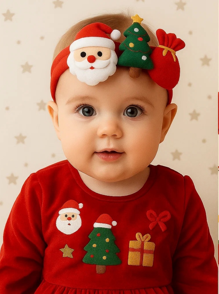 Faixa de Cabelo Natalina para Bebê com Papai Noel, Árvore de Natal e Saco de Presentes | Tiara de Pelúcia Natal