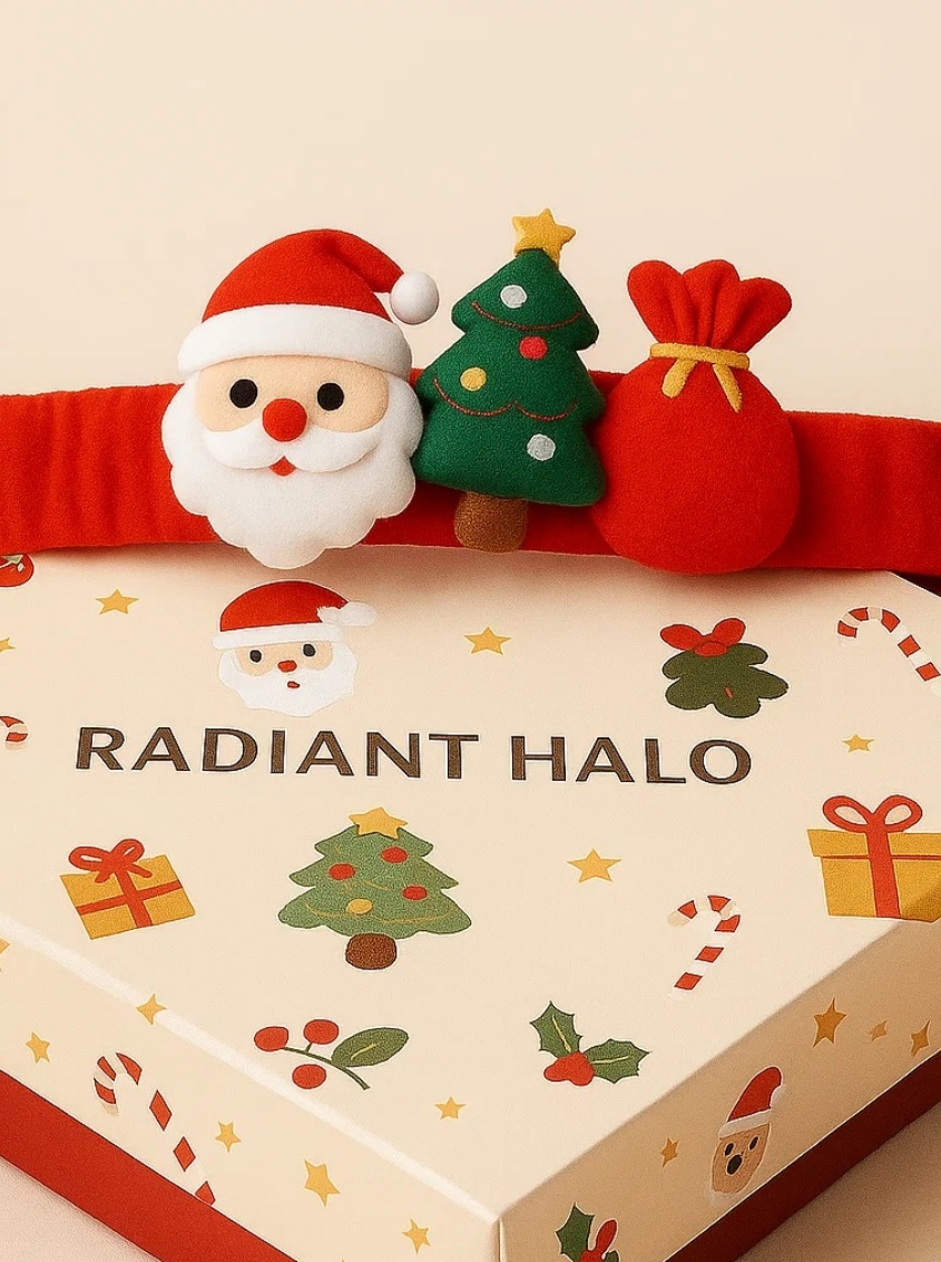 Faixa de Cabelo Natalina para Bebê com Papai Noel, Árvore de Natal e Saco de Presentes | Tiara de Pelúcia Natal