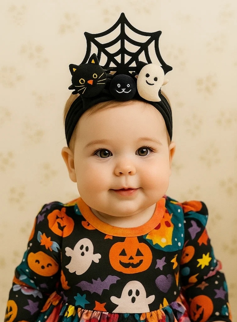 Cat, Ghost, and Pumpkin Themed Baby Headband for Halloween Celebrations