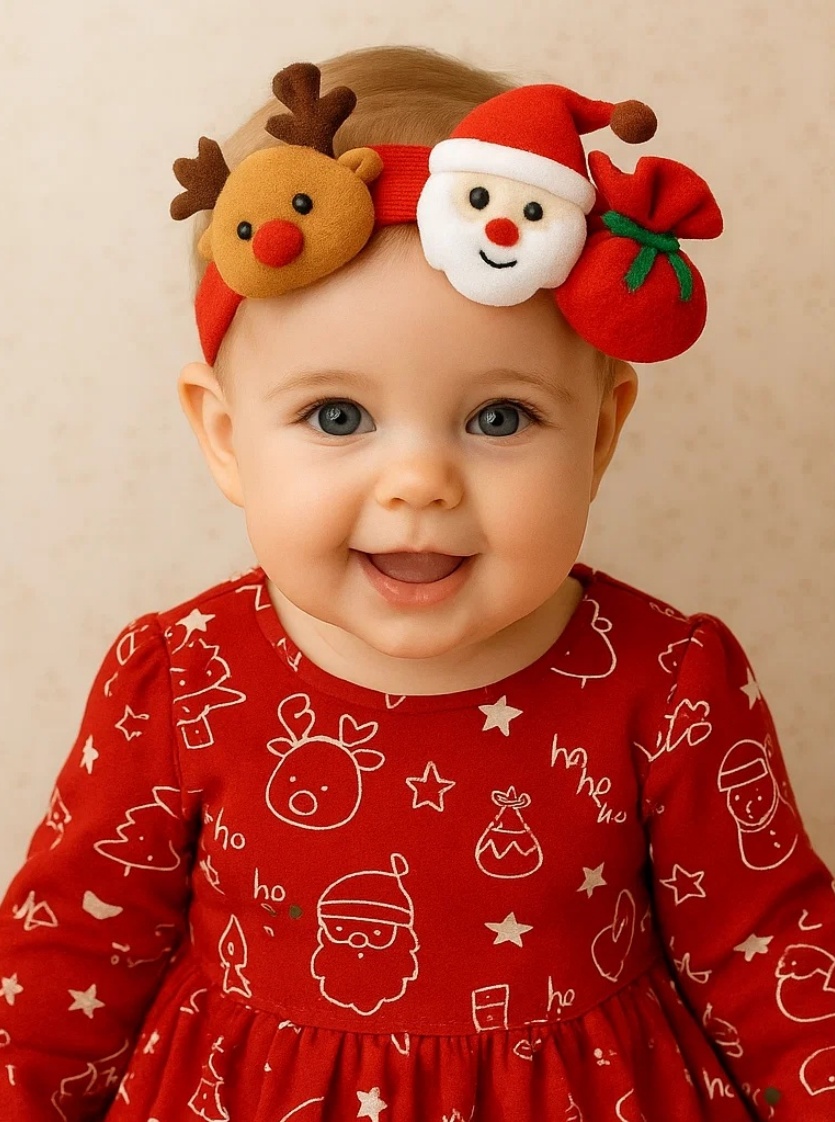 Christmas Baby Headband with Reindeer, Santa, and Gift Bag | Festive Plush Holiday Hairband