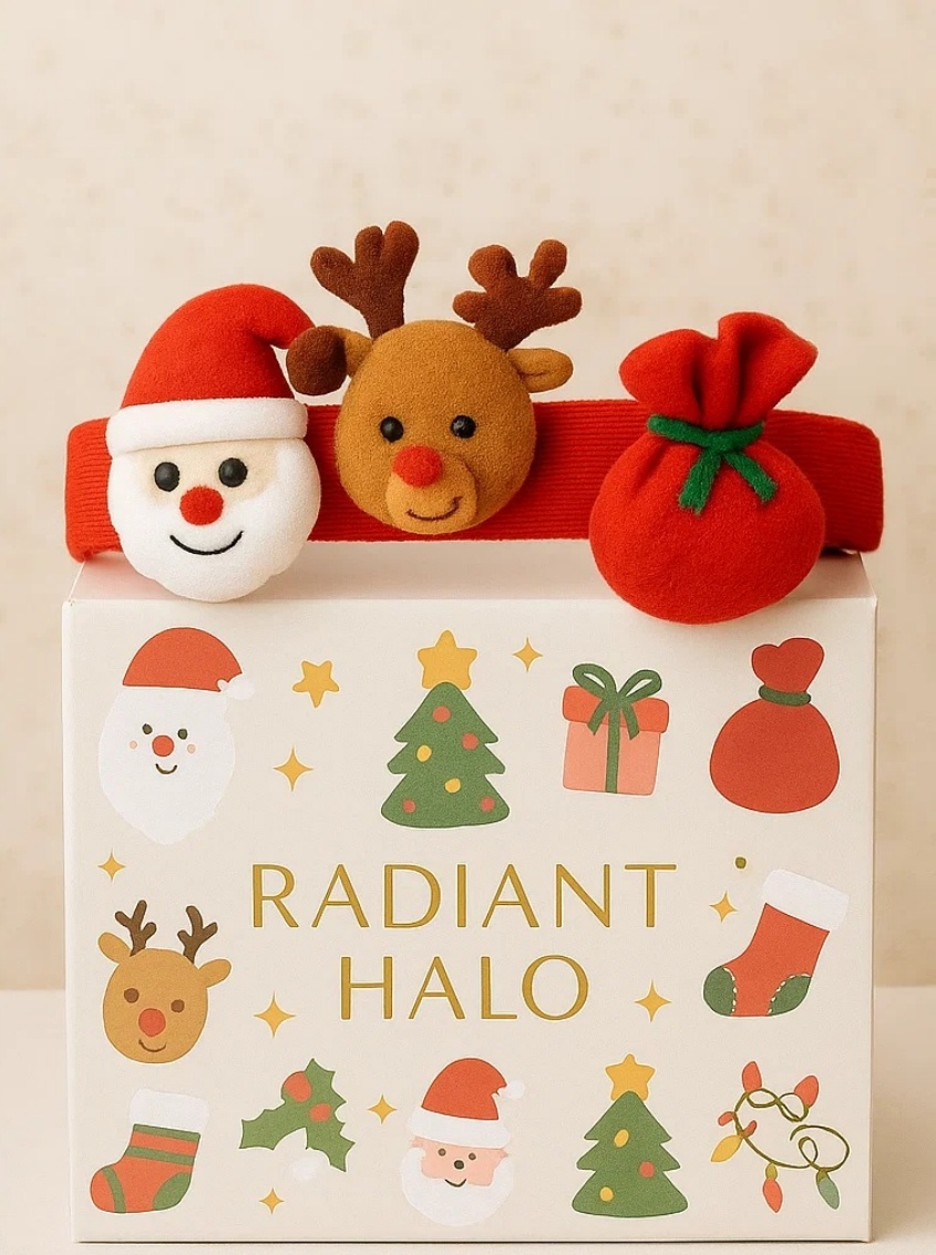Christmas Baby Headband with Reindeer, Santa, and Gift Bag | Festive Plush Holiday Hairband