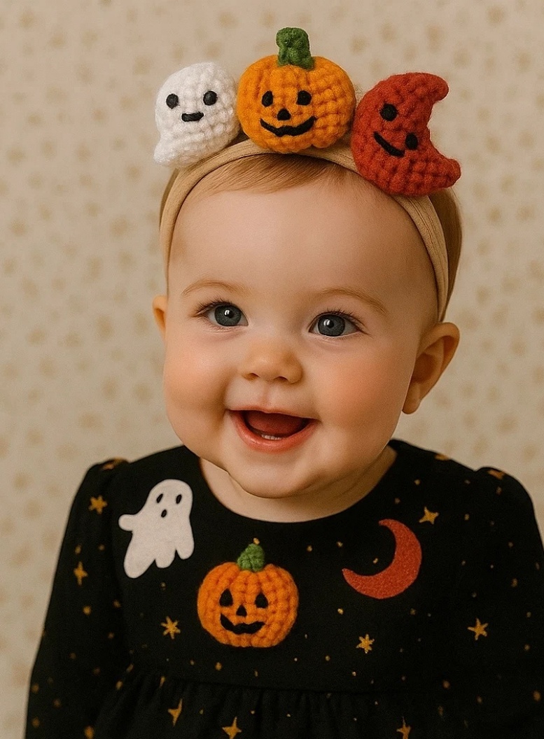Adorable Baby Headband with Crochet Halloween Friends: Ghost, Pumpkin, and Moon
