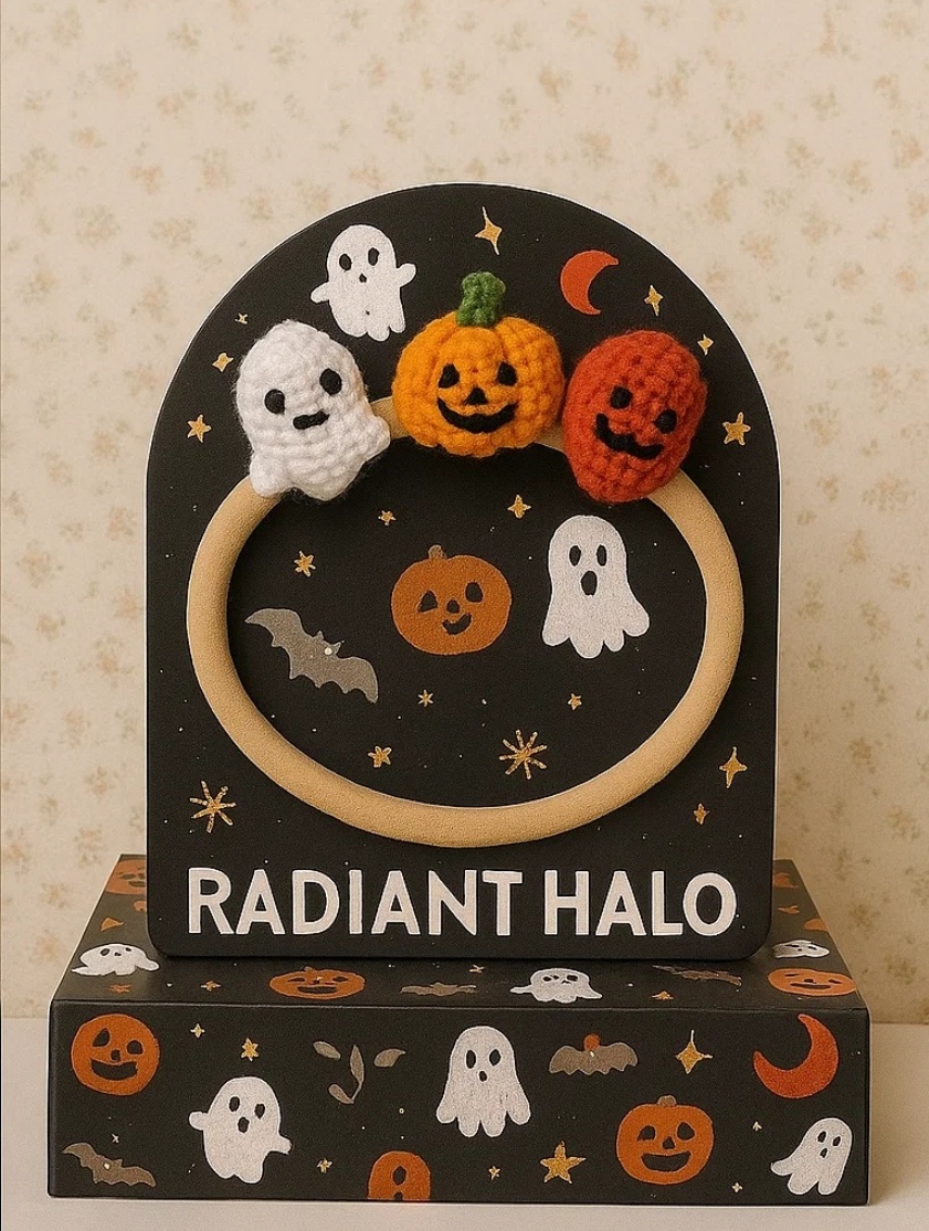 Adorable Baby Headband with Crochet Halloween Friends: Ghost, Pumpkin, and Moon