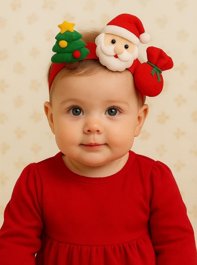 Santa & Christmas Tree Baby Headband with Gift Bag | Holiday Newborn Hairband