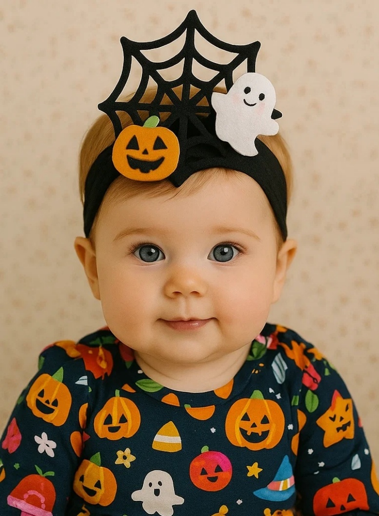 Spider Web Baby Headband with Ghost and Pumpkin for Halloween Fun