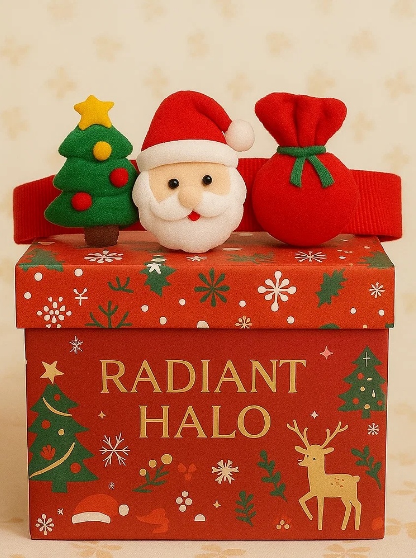 Santa & Christmas Tree Baby Headband with Gift Bag | Holiday Newborn Hairband
