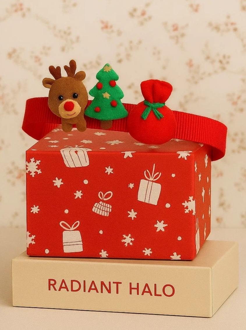 Reindeer & Christmas Tree Baby Headband with Present Bag | Cute Plush Christmas Hairband
