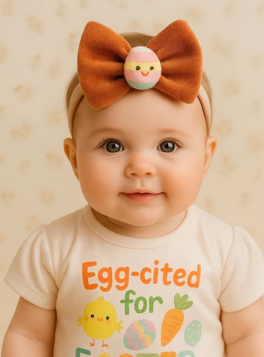 Happy Easter Egg Baby Headband with Brown Bow