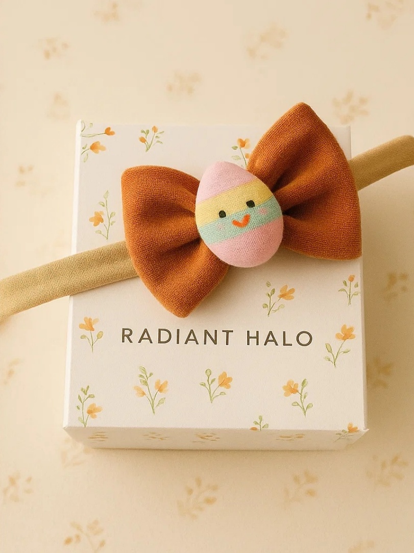 Happy Easter Egg Baby Headband with Brown Bow
