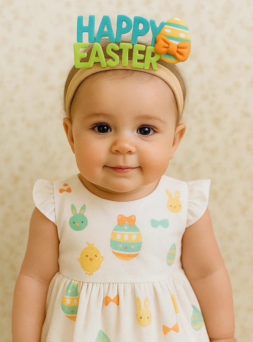 Colorful Happy Easter Headband with Egg and Bow Topper