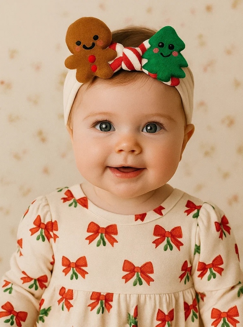 Bandeau bébé pain d'épices et sapin de Noël | Accessoire cheveux doux de Noël