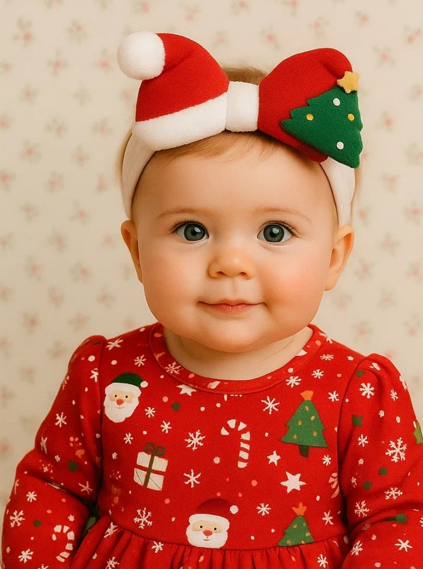 Faixa Natalina para Bebê com Laço de Árvore de Natal e Presentinho | Acessório de Fim de Ano