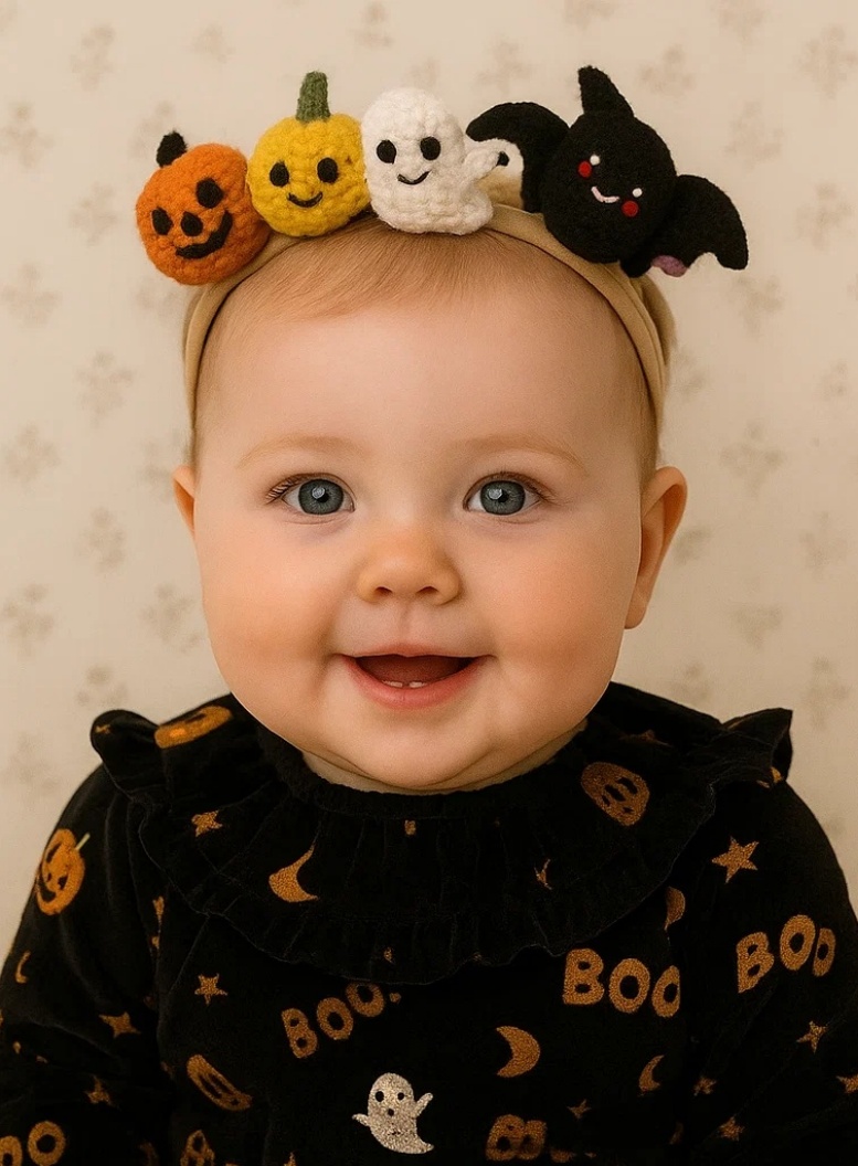 Halloween Magic: Baby Headband with Crochet Pumpkin, Ghost, and Bat
