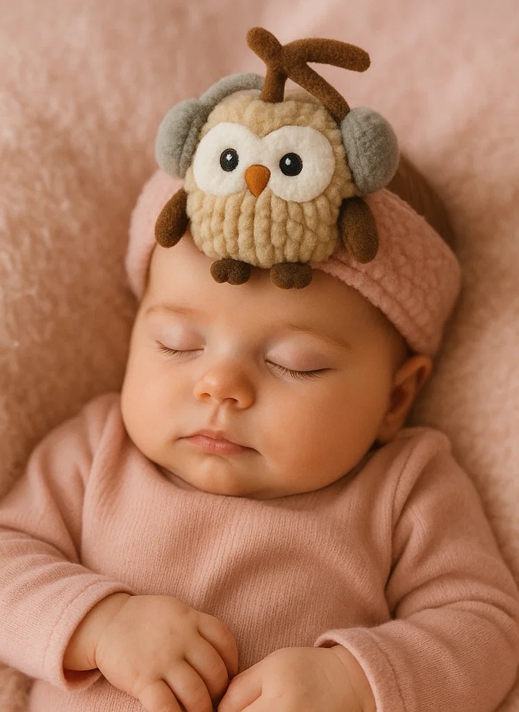 Diadema de bebé con muñeco de búho y orejeras grises